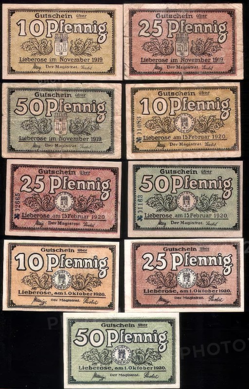 Banknote, voucher, emergency money from the magistrate of the town of Lieberose, 10, 25, 50 Pfennig, 1920, Germany, reproduction of a historical banknote