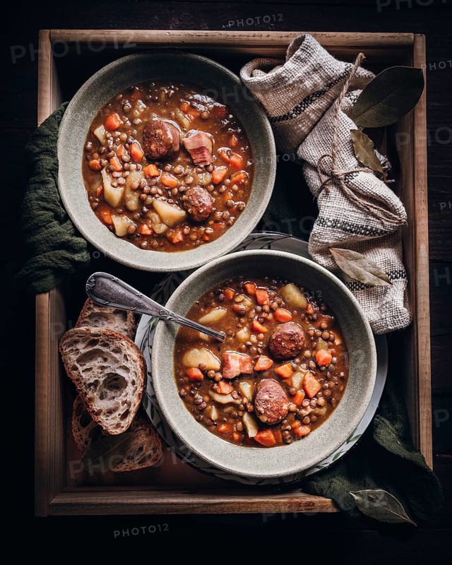 A rustic lentil stew is served in two bowls, filled with sliced sausage, carrots, and potatoes. A side of crusty bread and bay leaves completes the warm, comforting meal presentation