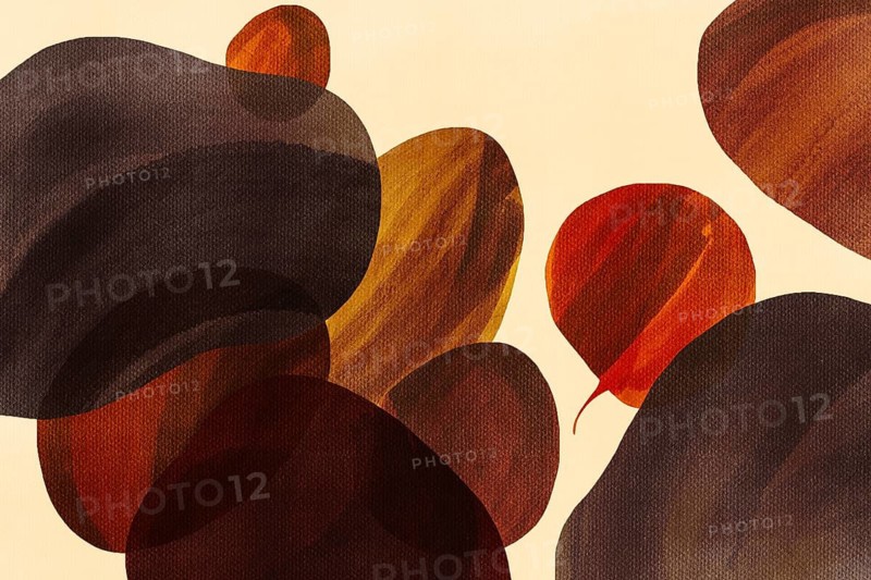 This artwork features smooth shapes in warm colors of brown, orange, and red, creating a dynamic and inviting abstract background
