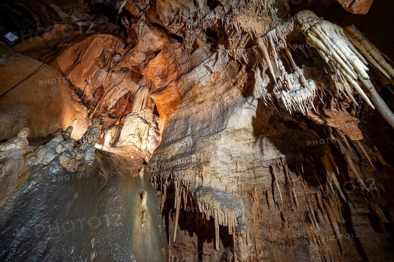 Stalactites and stalagmites, rock formations in a stalactite cave, Grotta del Fico, Gulf of Orosei, Baunei, Sardinia, Italy