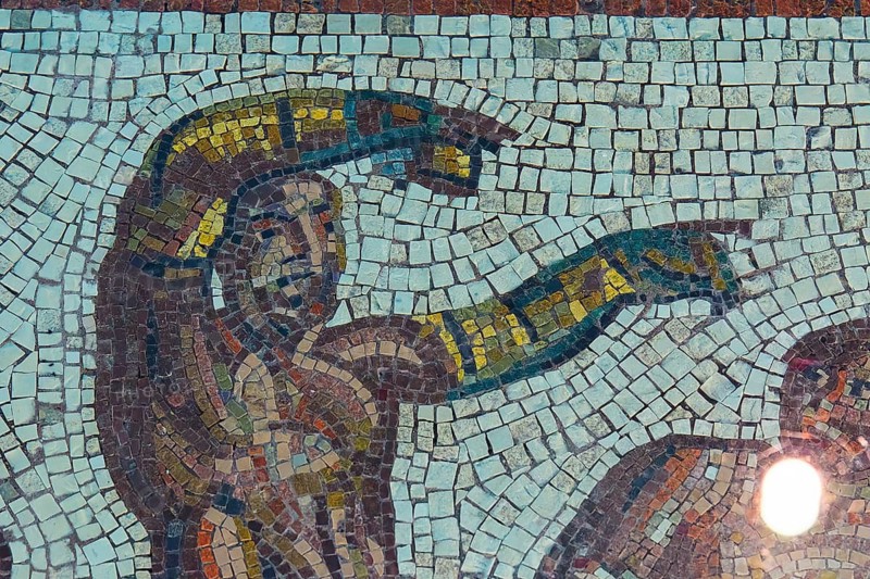 Detailed mosaic with a figure showing by hand, Museum of the History of the Ancient Olympic Games, Olympia, Peloponnese, Greece