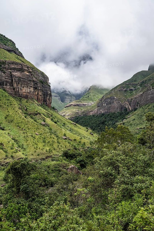 Landscape with mountains and fog, Drakensberg National Park, KwaZulu Natal, South Africa