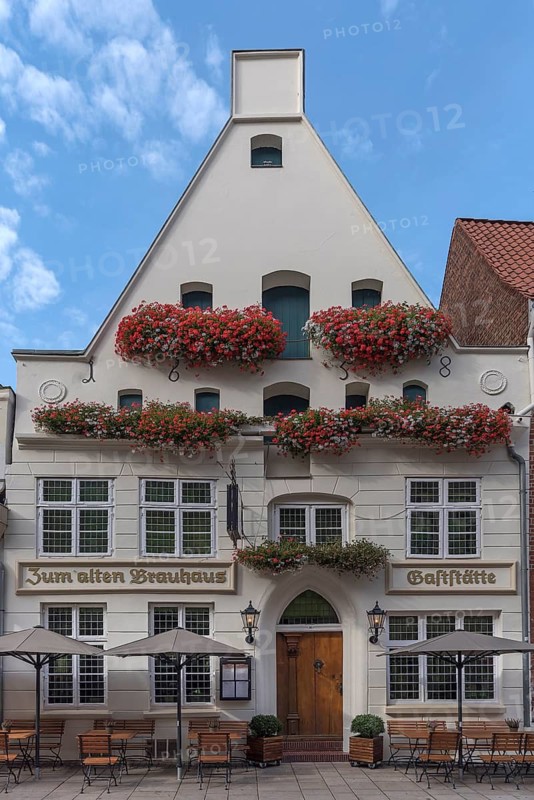 Flower decoration on a historic gabled house from 1658, Lüneburg, Lower Saxony, Germany