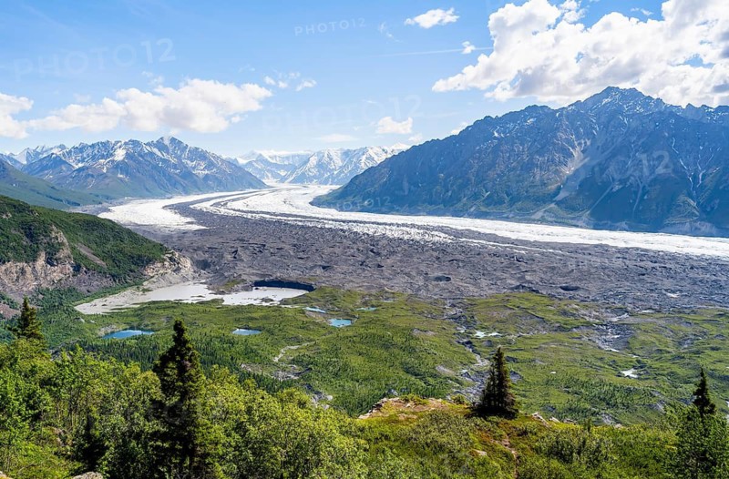 View of impressive mountain landscape with the Matanuska Glacier tongue, Lion's Head, Chugach Mountains, Alaska, USA