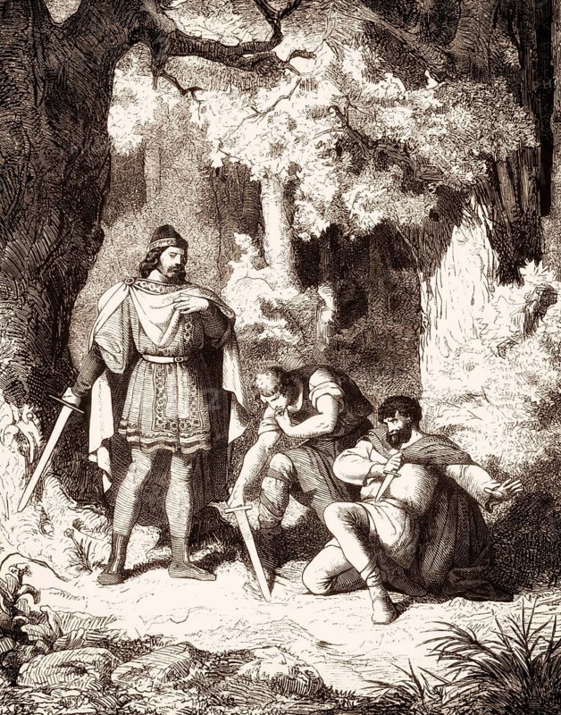 Liutprand, King of the Lombards from 712 to 744, pardoning two armigers that had planned a plot