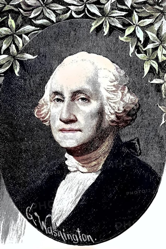 George Washington, 1732, 1799, was the first President of the United States of America from 1789 to 1797, coloured wood engraving, reproduction from a model from ca 1888, historical, portrait of George Washington in a laurel frame
