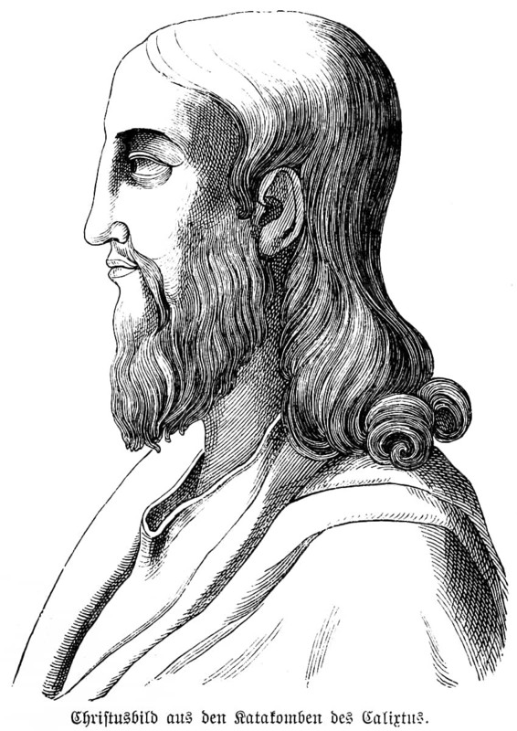 Image of Christ, Catacombs of Calixtus, portrait, profile, long hair, beard, historical illustration 1880