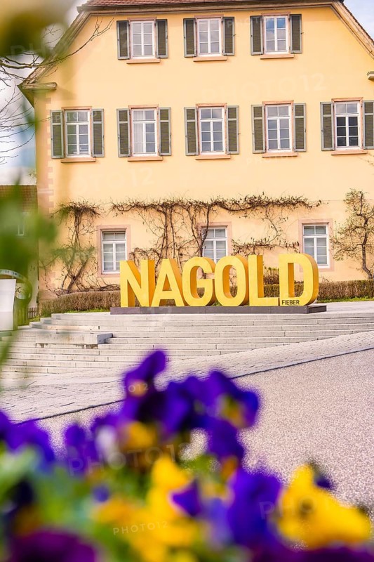 A yellow house with large yellow Nagold lettering in the foreground, surrounded by colorful flowers, Nagold, Calw district, Germany