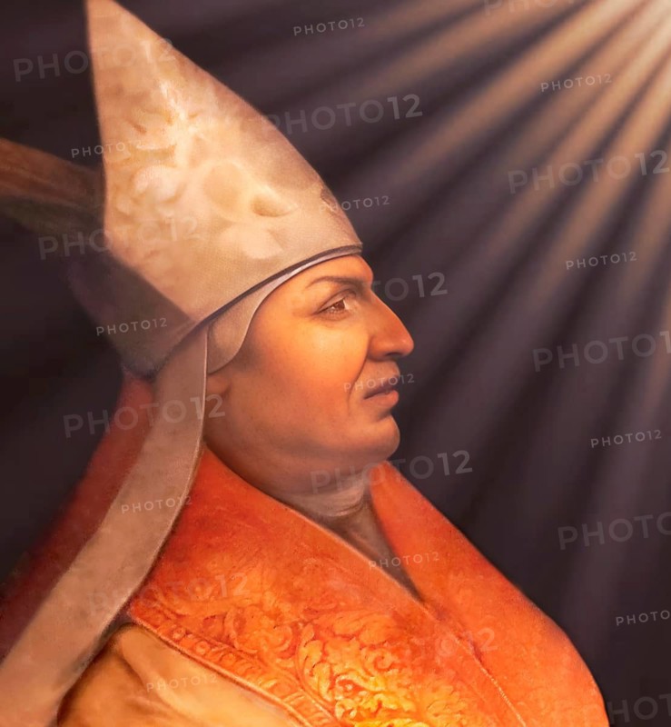 Peter of Candia, also known as Peter Phillarges, Pietro Di Candia, Petros Philargos, c. 1339 – 1410, as Alexander V or Alessandro V, antipope elected by the Council of Pisa during the Western Schism, he reigned from 1409 to his death in 1410, digitally edited after a painting by Cristofano dell'Altissimo