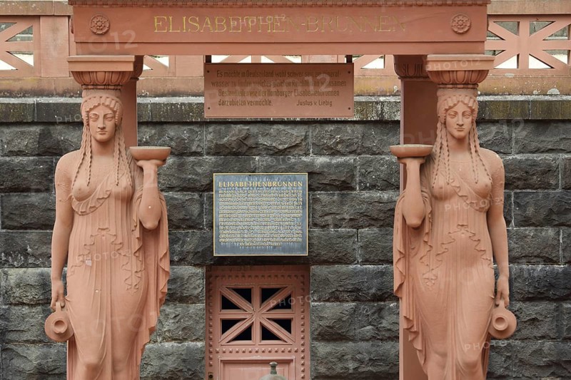 Two standing Elisabethenbrunnen sculptures, inscription, spa garden, Bad Homburg, Hesse, Germany