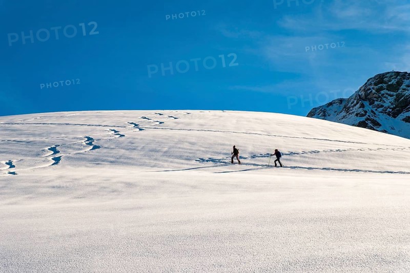 2 ski tourers on a deep snow slope under sunshine, next to downhill tracks, small grater, Berchtesgaden National Park, Schönau am Königssee, Berchtesgadener Land, Upper Bavaria, Bavaria, Germany