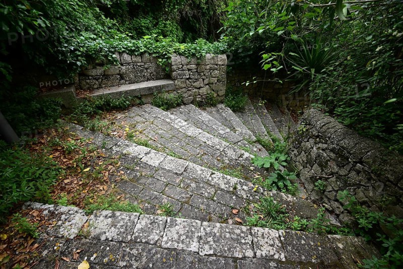 Stairs down a path lined with greenery. The path leads along a ravine and connects the Superior district of Ragusa with the Ibla district, which is situated on a hill