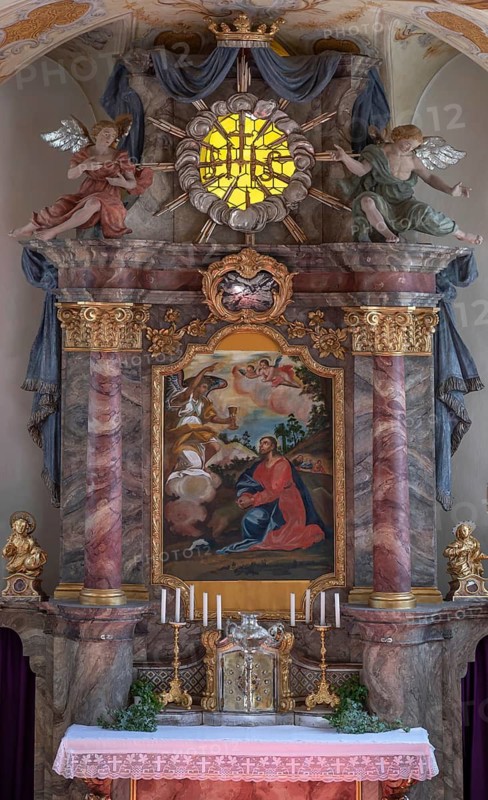 Altar with Lenten cloth, 18th century, St Laurentius and Agatha Church, Frankenhofen, Kaltental, Ostallgäu, Bavaria, Germany