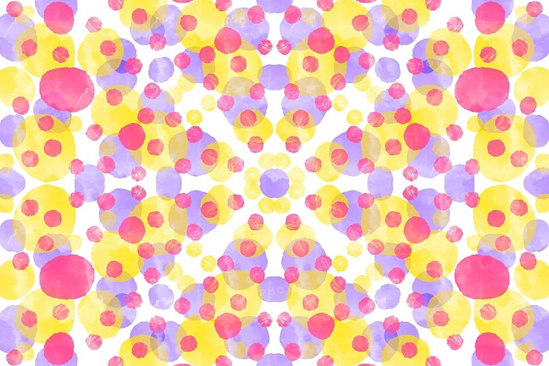 A vibrant, abstract pattern featuring overlapping watercolor circles in yellow, pink, and purple hues on a white background. Ideal for artistic and decorative projects