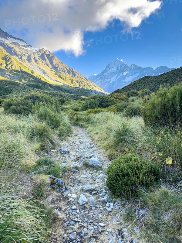 Hiking trail of the Hooker Valley Track, Mount Cook National Park, South Island, New Zealand, Oceania
