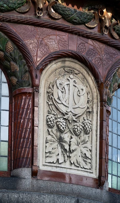 Decorated relief with hop motifs on a historic building, detail watchtower, Carlsberg Villa, Carlsbergbygen, Carlsberg neighbourhood, Valby, Copenhagen, Denmark