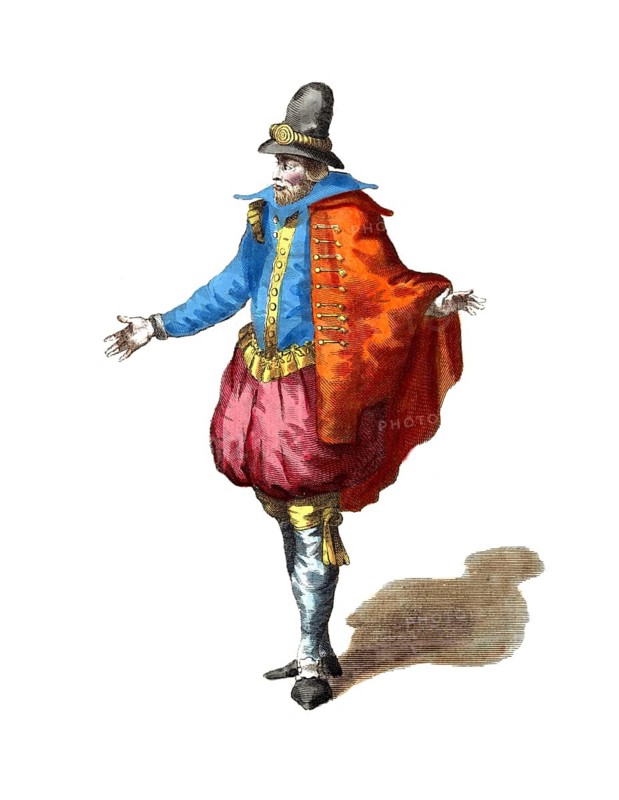 Historical clothing, fashion in the course of time, clothing of a merchant from Paris in 1626, France, digitally restored reproduction of a model from the 18th/19th century, exact date unknown, man in striking Renaissance clothing with blue doublet and red cape