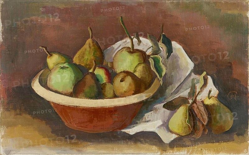 Karl Christian Ludwig Hofer, also Carl Hofer (born 11 October 1878, died 3 April 1955), German painter of Expressionism and Expressive Realism. Here his work Pears, Pears (1938), Painting, Reproduction of the painting, Original condition, Work of art, Historical, Realistic still life with pears and apples in a fruit bowl on a cloth, A realistic still life shows a bowl with pears and apples in warm colours