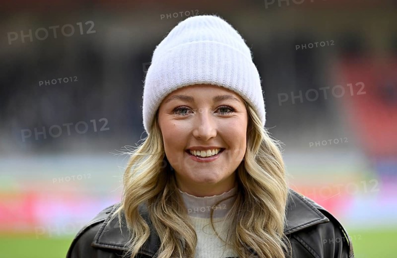 DAZN presenter reporter Lisa Teller's portrait soccer Bundesliga, Voith-Arena, Heidenheim, Baden-Württemberg, Germany