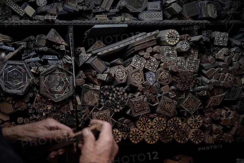 Damascus, Syria. December 10th 2025. Various types and designs of wood used in the craft of Damascus wood mosaic, inside the workshop of Abu Toni in the Christian quarter of Old Damascus, Syria