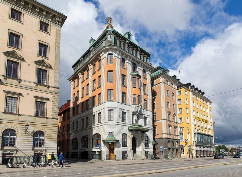 Representative houses of various architectural styles on the Baltic Sea side of the old town Gamla Stan with alleys to the center, Stockholm, Sweden