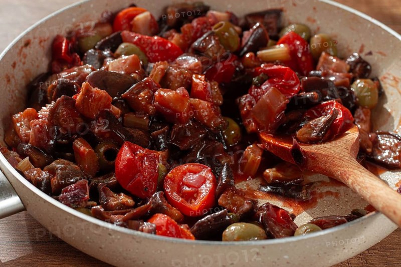 Pan with Sicilian caponata, vegetable stew, Italian cuisine, homemade, no people
