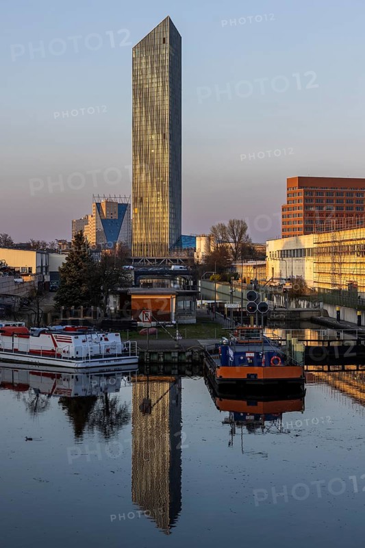 Estrel Tower, the tallest building in Berlin at 176 meters, planned opening as part of the Estrel Hotel at the end of 2026, view from Neukölln Harbour, Neukölln, Berlin, Germany