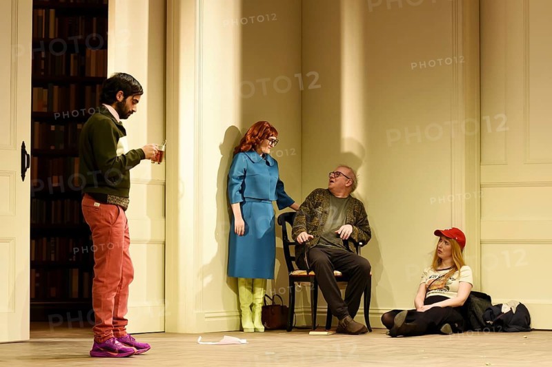 Joachim Krol (Wolfgang), Katharine Mehrling (Sophia), Christin Nichols (Helena), Tanju Bilir (Jonas), Sophia oder das Emde der Humanisten, German premiere, photo rehearsal on 11.03.2026 at the Renaissance Theatre, Berlin, premiere on 15.03.2026