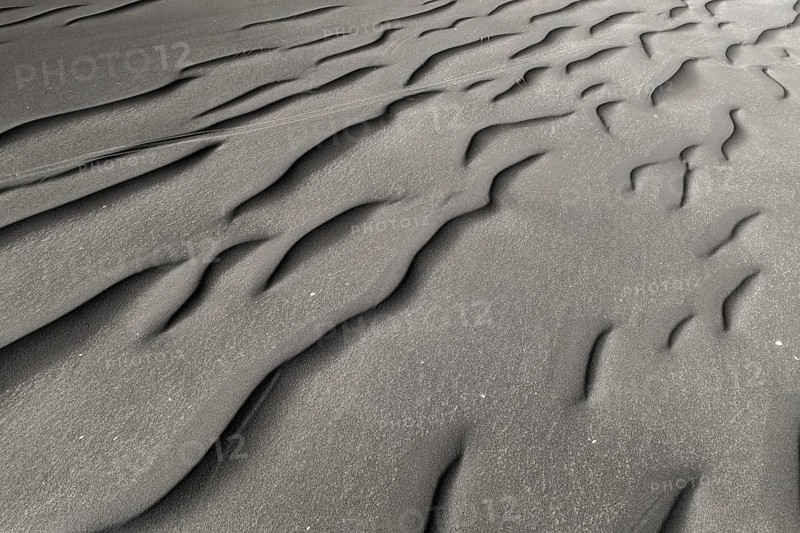 Richly textured black sand forms intricate designs, showcasing the interplay of natural elements over sandy surfaces
