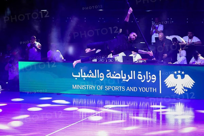 Syrian President Ahmad Al-Sharaa attends the official reopening ceremony of the newly renovated Al-Fayhaa Sports Hall. The event featured colorful artistic performances, a large crowd in the stands, and a friendly basketball match between the national teams of Syria and Lebanon, marking a significant step in rebuilding the country's sports infrastructure in Damascus, Syria on April 20, 2026, Damascus, Syria