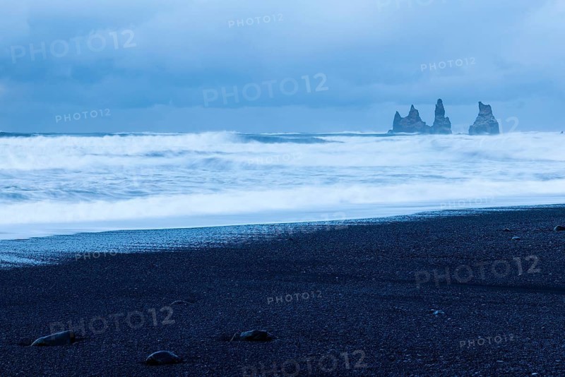 Reynisdrangar pinnacles, lava sandy beach, waves sea, snow, winter, Vik, Iceland, Scandinavia