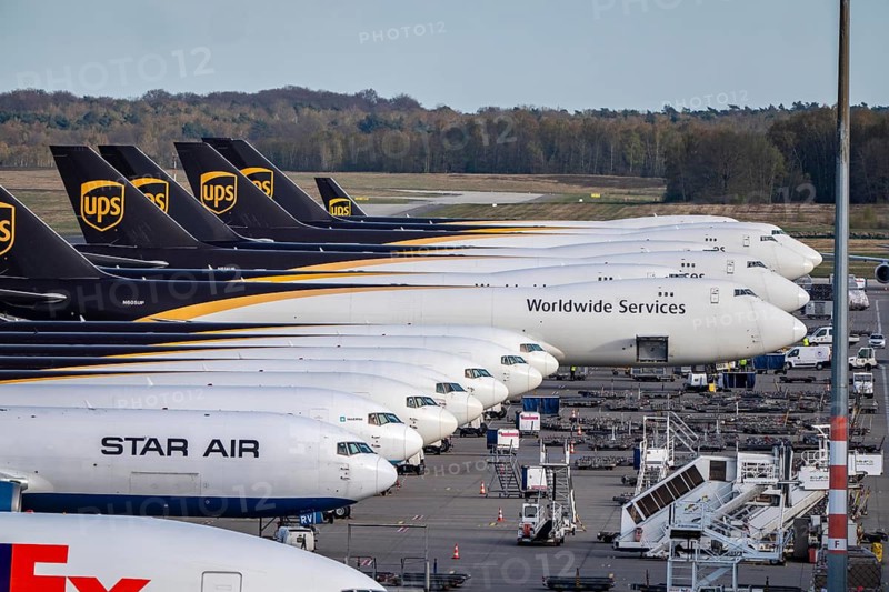 Cologne-Bonn airport, CGN, air freight center, UPS Logisic Hub, UPS cargo aircraft on the apron, Star Air Cargo aircraft, Maersk, at the logistics center
