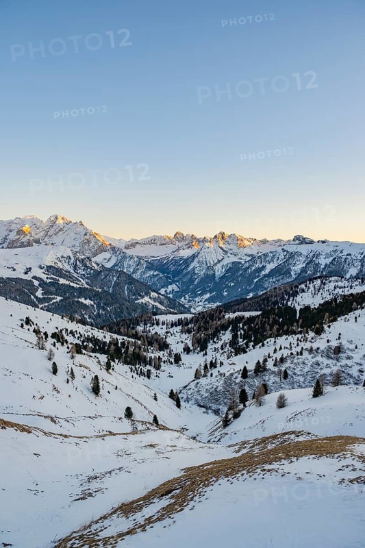 Beautiful landscape of the Mountain silhouettes of the Sexten Dolomites on a sunny winter day, South Tyrol, Trentino-South Tyrol, Alto-Adige, Italy