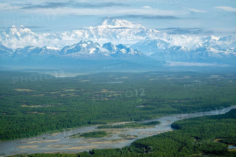 Aerial view, Mt Denali with river and forest, Alaska Range, Denali National Park, Alaska, USA