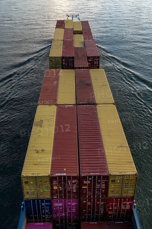 Container freighter, Amor Navi, cargo ship on the Rhine near Leverkusen, North Rhine-Westphalia, Germany