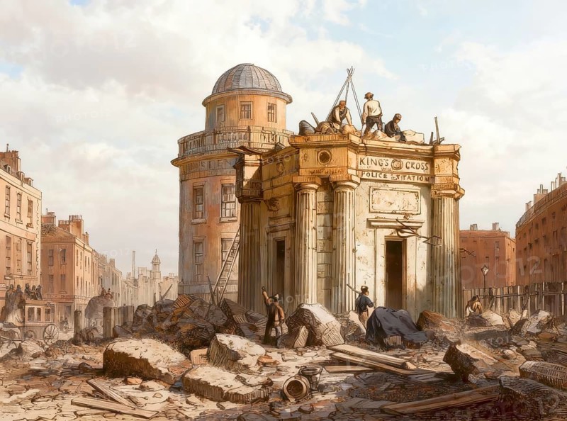 Demolition of the monument to King George IV, 1845, King's Cross, an inner city area of London, England, United Kingdom