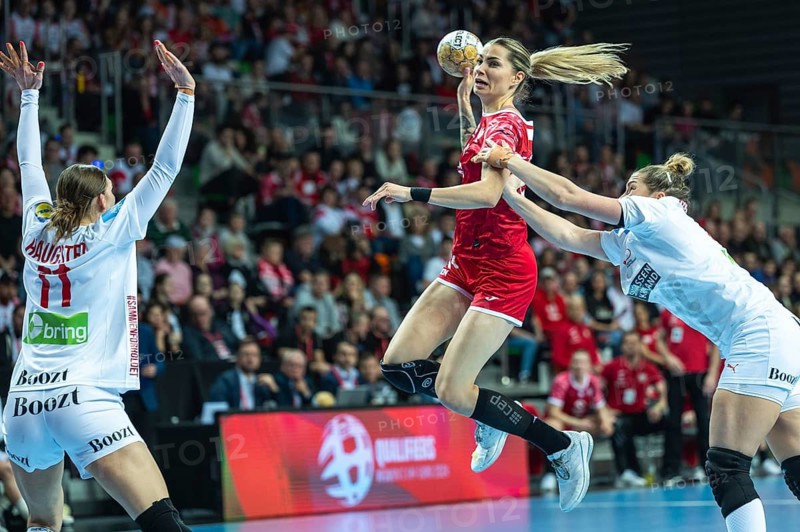 LUBIN, POLAND - FEBRUARY 28, 2024: qualifications for the European Championships handball women's match between national teams Poland and Danmark. In action Rosiak Aleksandra.