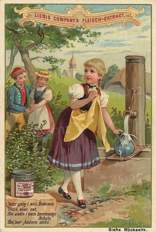 Picture series Children, Girl goes to the fountain and sees her friend standing with another girl, Liebig picture, digitally restored reproduction of a collector's picture from around 1900, public domain, exact date unknown, A girl fills a jug at a fountain. Two other children look on with interest