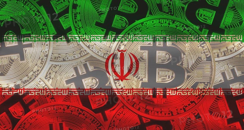Bitcoins on Iranian flag background. Golden bitcoin coins on Iran flag background
