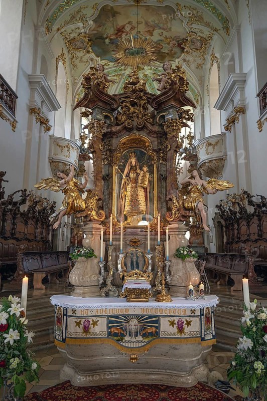 Altar of the Virgin Mary, altar of grace of the pilgrimage basilica Maria Brünnlein in rococo style built between 1748 and 1782, Wemding, Swabia Bavaria, Germany