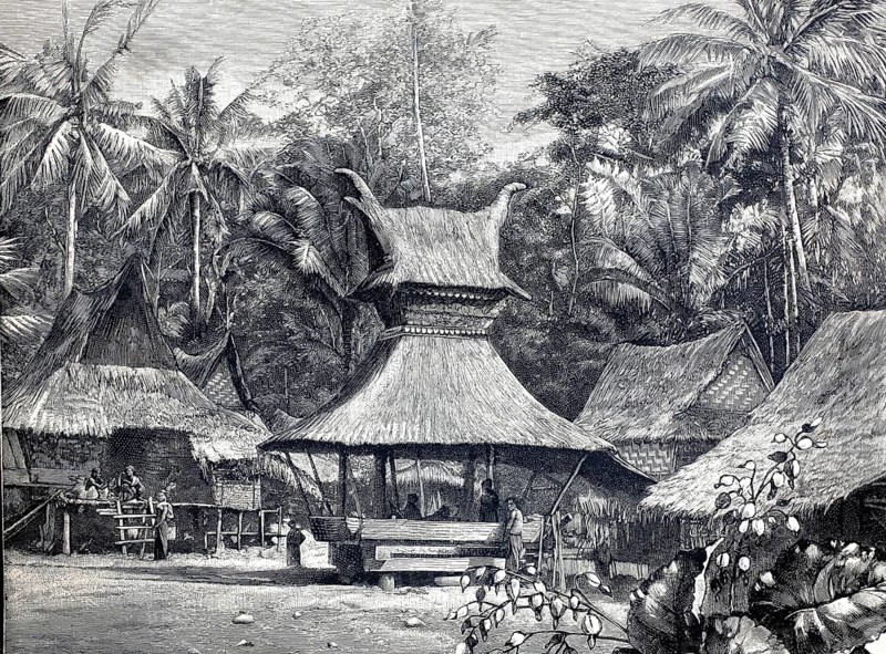 German tobacco plant in Sumatra, 1890, workers' village, illustration, reproduction from a model from the 19th century. Authentic, file restored for optimal use, exact date of submission unknown, historical