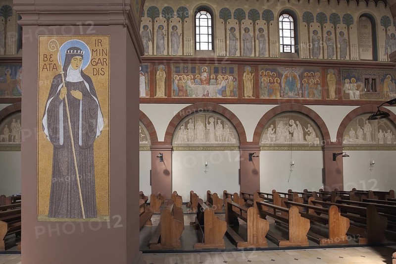 Monastery church with wall painting by abbess Saint Hildegard of Bingen 1089-1179 with episcopal staff, interior view, neo-Romanesque UNESCO Benedictine Abbey St. Hildegard, Nun, Eibingen, Rüdesheim, Upper Middle Rhine Valley, Taunus, Rheingau, Hesse, Germany
