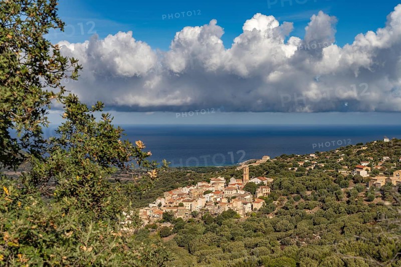 The village of Aregno seen from above, Balagne, Corsica, France
