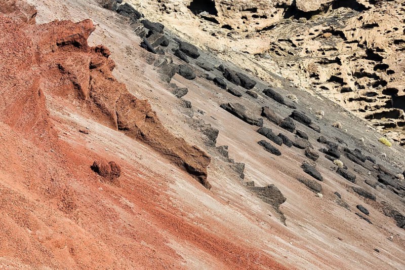 Cliff, slope, different coloured volcanic rock, full size, El Golfo, Lanzarote, Spain