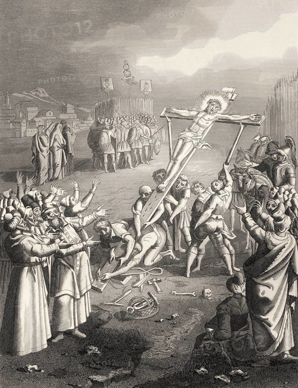 Crucifixion of Jesus, Mount Calvary, Jerusalem, New Testament, steel engraving 1853, digitally restored