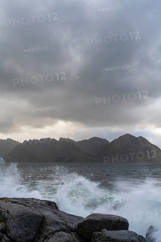 Coastal landscape with ocean surf, Lofoten, Nordland, Norway, September 2020