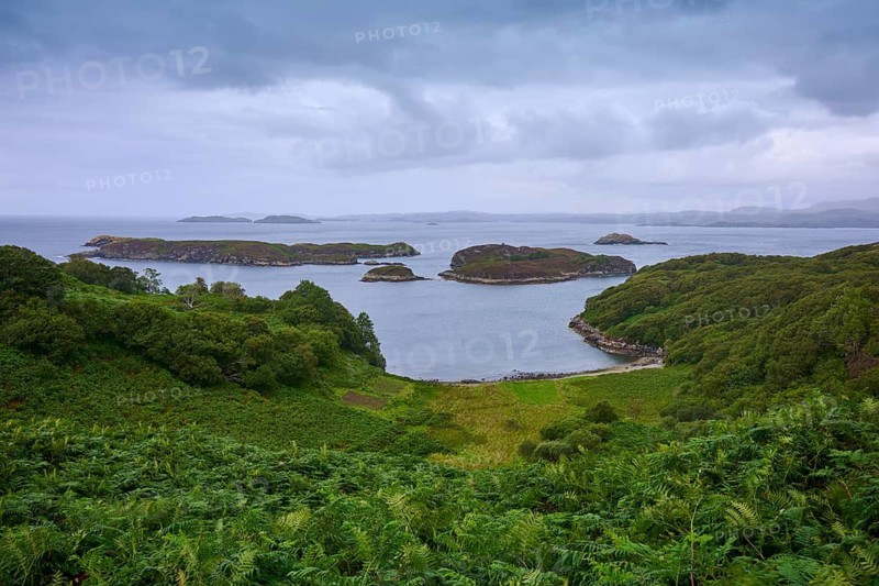 Tranquil landscape with islands and green shore under a dull sky, Drumberg Viewpoint, Drumbeg, Lairg, Scotland, United Kingdom, Great Britain