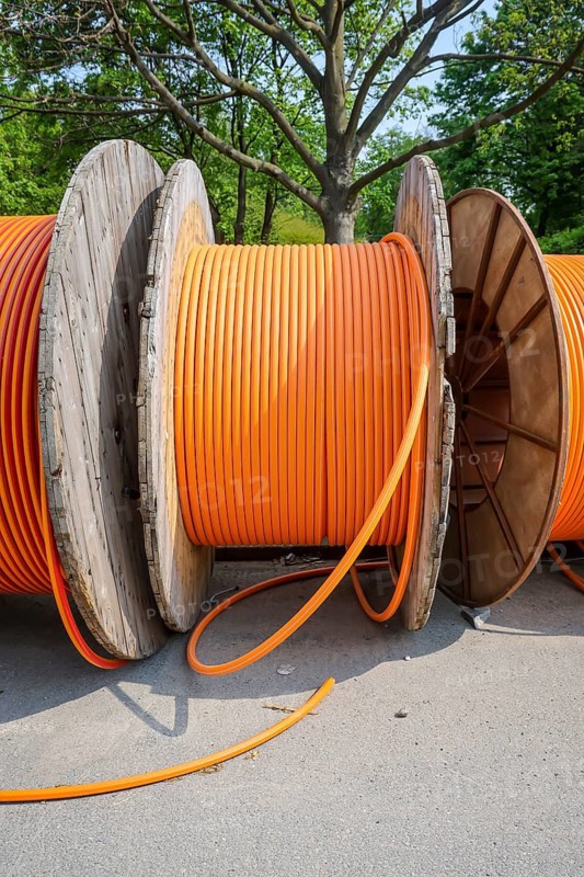 Duisburg, North Rhine-Westphalia, Germany, Internet broadband expansion, construction site for laying fibre optic cable, cable drum with fibre optic cable, new construction of fibre optic routes, fast Internet, DSL cable connection for households
