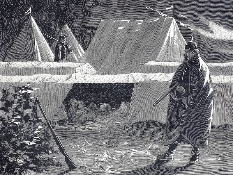The equipment of the German military with tents, in front of it a guard, 1896, Prussia, illustration, reproduction from a model from the 19th century. Authentic, file restored for optimal use, exact date of submission unknown, historical