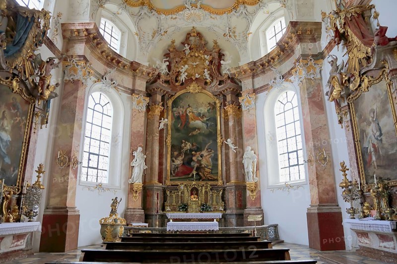Benediktbeuern Abbey, former Benedictine Abbey, today a branch of the Salesians of Don Bosco, altar in the choir room of the monastery church of St. Benedict, Bad Tölz-Wolfratshausen district, Upper Bavaria, Bavaria, Germany